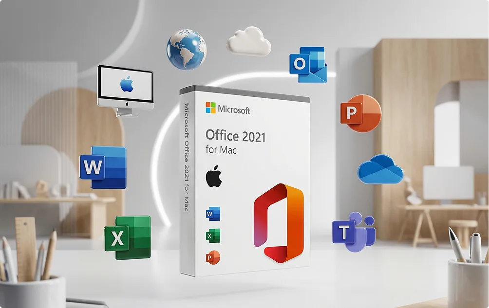 A Microsoft Office 2021 for Mac box is centered, surrounded by floating Office app icons (Word, Excel, PowerPoint, Outlook), Mac computers, and cloud icons in a modern, minimalist office setting.