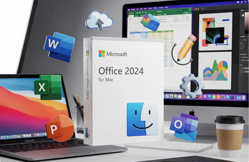 A box of Microsoft Office 2024 for Mac is displayed on a desk with a MacBook, iMac, coffee cup, and floating icons for Word, Excel, PowerPoint, Outlook, and other Office apps.