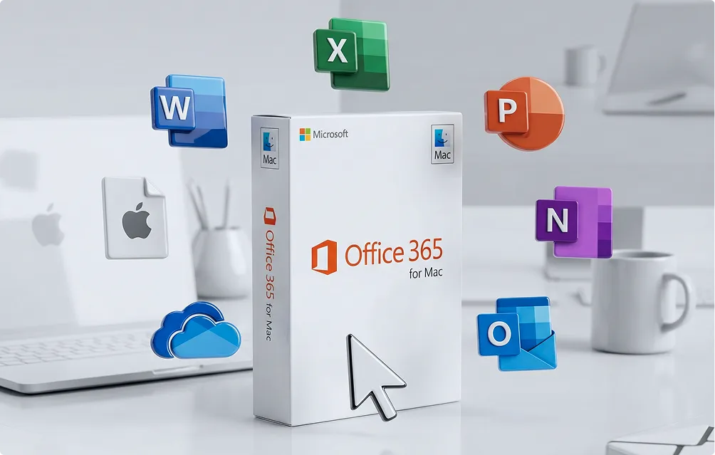 A box of Microsoft Office 365 for Mac sits on a desk, surrounded by floating app icons for Word, Excel, PowerPoint, OneNote, Outlook, iCloud, and the Apple logo. A large cursor points at the box.