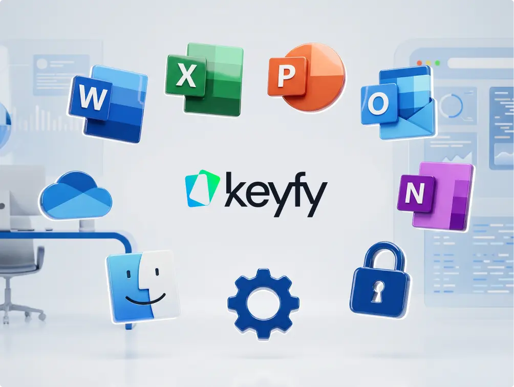 A digital illustration showing icons for Microsoft Word, Excel, PowerPoint, Outlook, OneNote, OneDrive, macOS Finder, a gear, and a lock arranged in a semi-circle around the Keyfy logo.