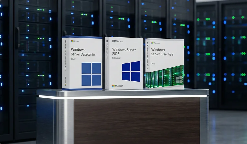 Three Windows Server 2025 software boxes—Datacenter, Standard, and Essentials editions—are displayed on a table in front of server racks with blue indicator lights in a data center.