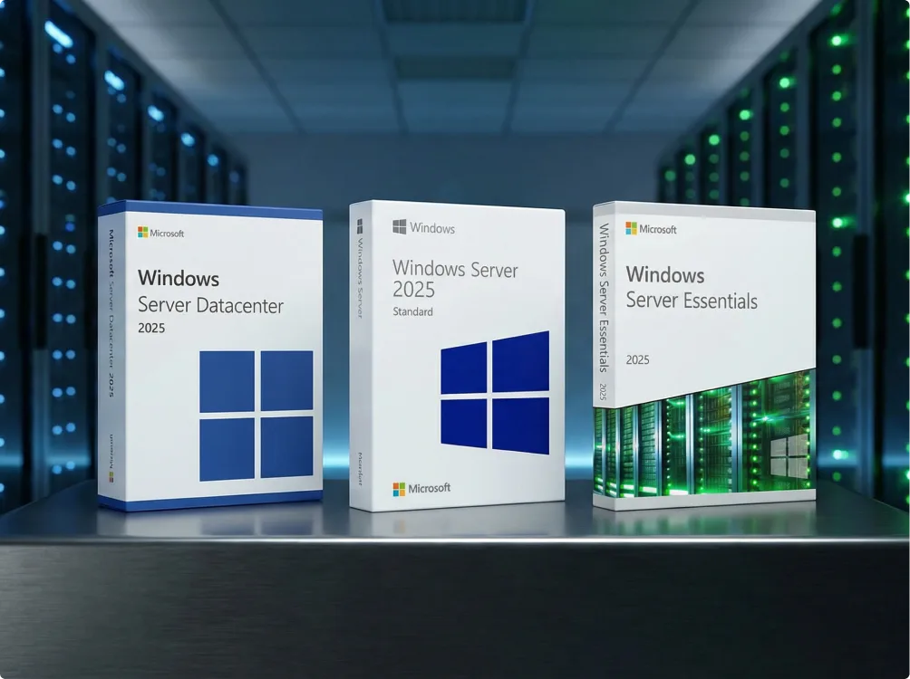 Three software boxes labeled Windows Server Datacenter 2025, Windows Server 2025 Standard, and Windows Server Essentials 2025 are displayed on a table in a server room with glowing green and blue lights.