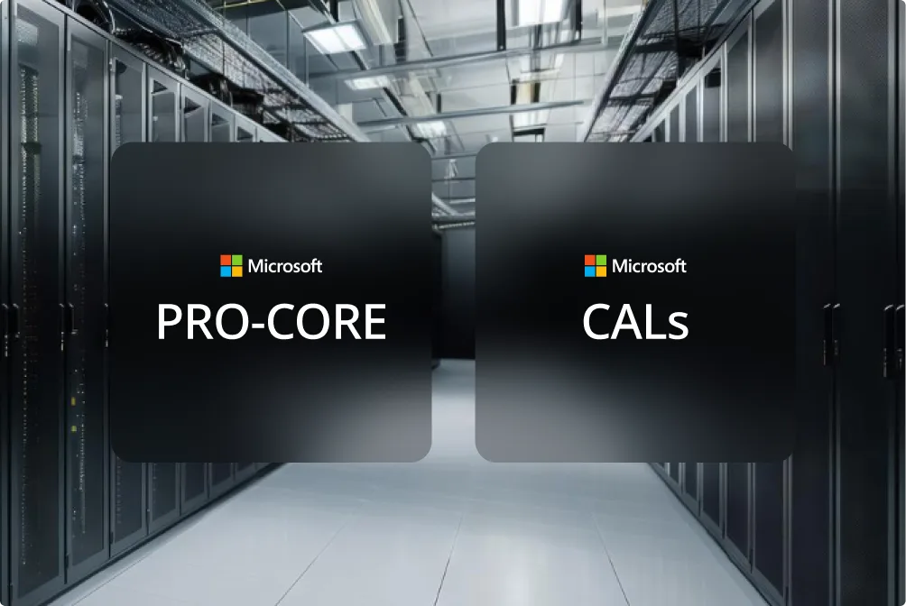 Two black panels labeled Microsoft PRO-CORE and Microsoft CALs appear in front of server racks in a modern data center.