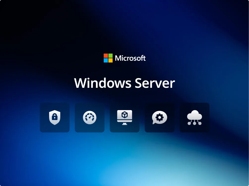 A blue gradient background with the Microsoft logo above the text Windows Server and five icons representing security, speed, a server, settings, and cloud connectivity.
