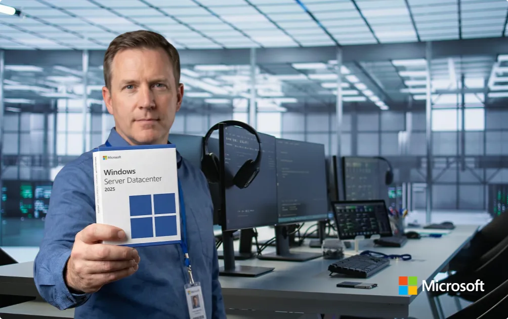 A man stands in a modern office, holding a Windows Server Datacenter 2025 software box. Computer monitors, headphones, and office equipment are visible in the background. The Microsoft logo is in the images corner.