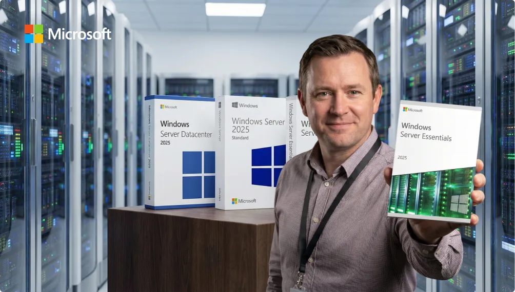A man stands in a server room holding a Windows Server Essentials 2025 box. Two other Windows Server 2025 product boxes are displayed beside him. The Microsoft logo appears in the top left corner.