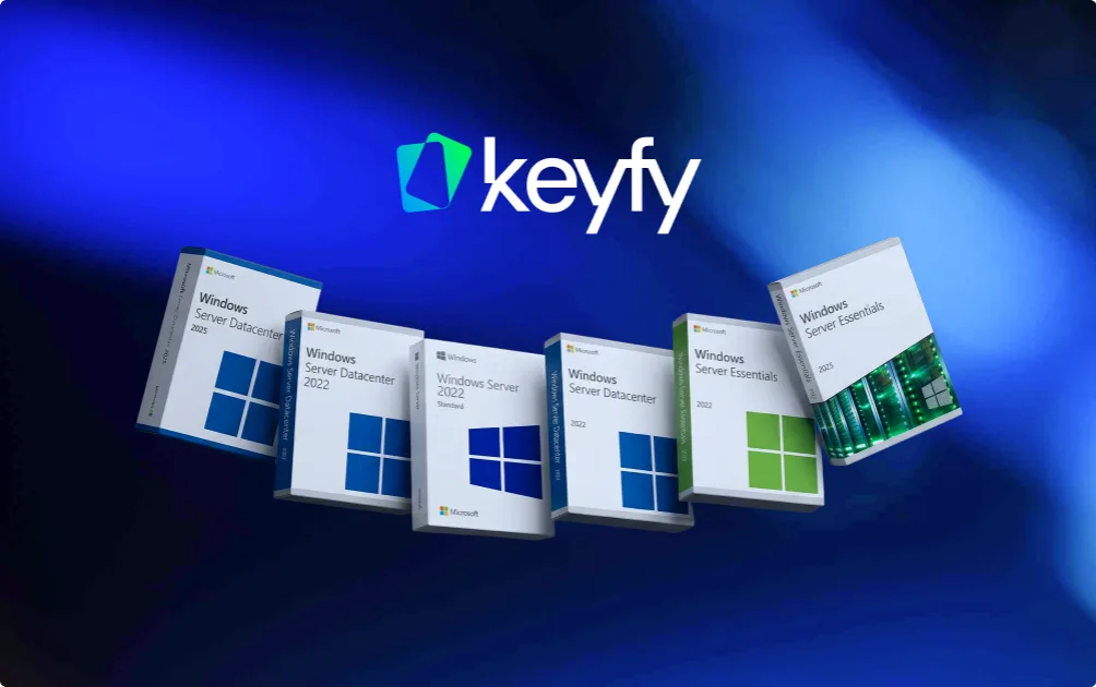 Six Windows Server software boxes, including 2022 Datacenter and Essentials editions, are displayed in a row with the Keyfy logo above them, set against a blue abstract background.