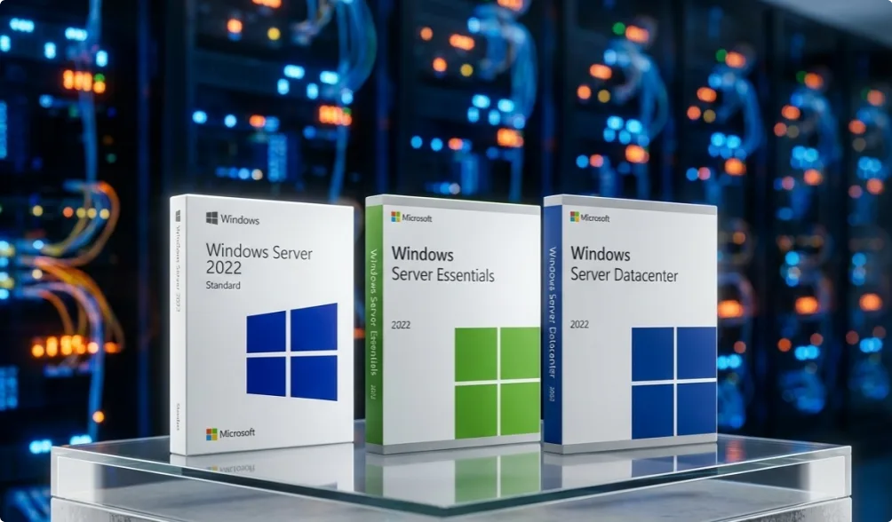 Three retail boxes of Microsoft Windows Server 2022 (Standard, Essentials, and Datacenter editions) are displayed on a glass surface, with blurred server racks and cables in the background.