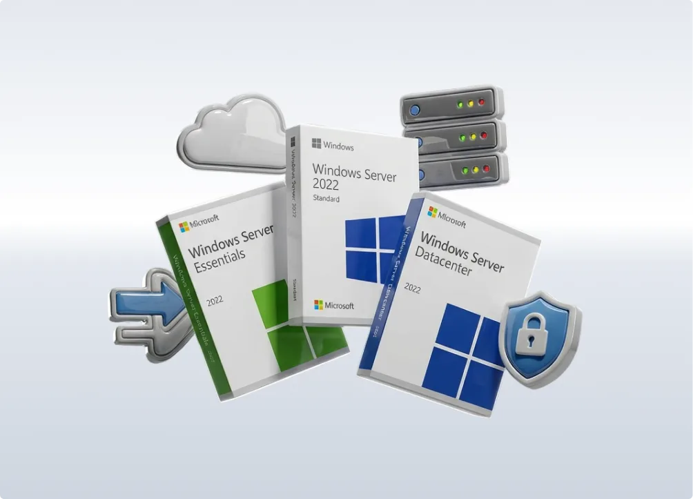 Three Windows Server software boxes (Essentials, Standard 2022, Datacenter) are displayed with icons of a cloud, servers, an arrow, and a shield with a lock, representing technology and security.
