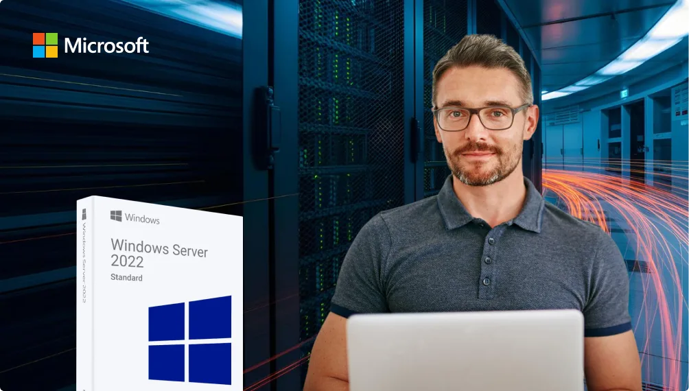 A man with glasses sits in front of a laptop, with a Windows Server 2022 Standard software box beside him. The Microsoft logo is in the top left, and the background shows a server room with light trails.