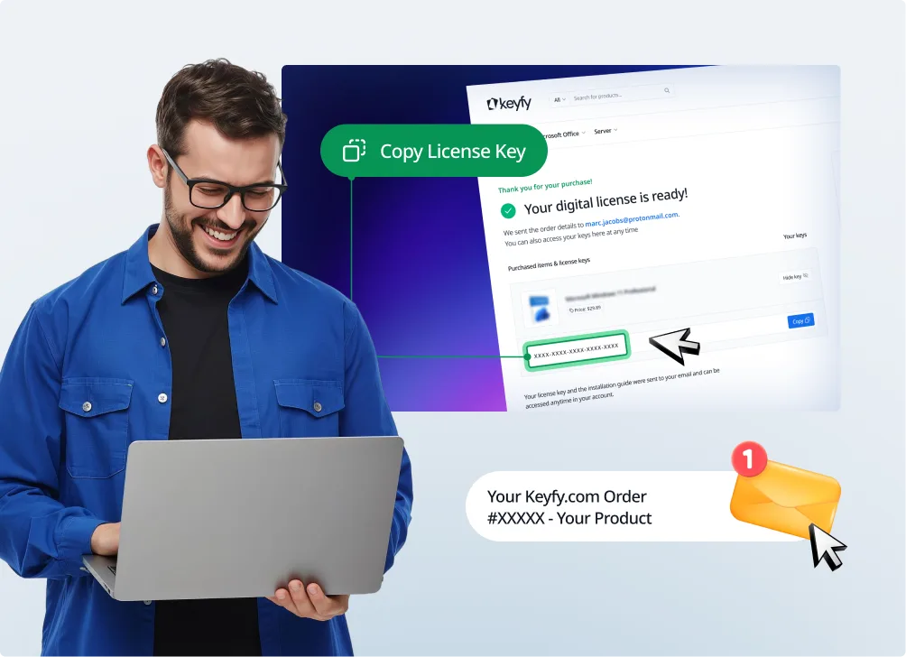 A smiling man in glasses uses a laptop. Next to him, a digital screen shows a Copy License Key prompt for a product purchase, and a notification highlights a Keyify.com order confirmation.