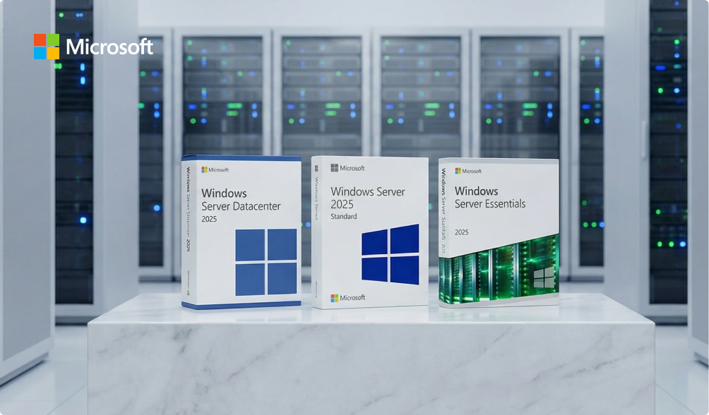 Three boxes of Microsoft Windows Server 2025 editions (Datacenter, Standard, Essentials) displayed on a marble surface, with rows of server racks in the background and the Microsoft logo in the top left corner.