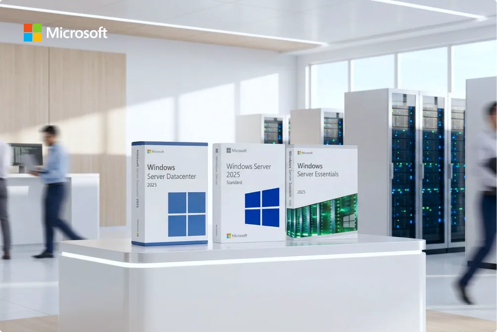 Three Microsoft Windows Server product boxes are displayed on a white counter in a modern office with blurred people and server racks in the background. The boxes are labeled Datacenter, Standard, and Essentials 2025.