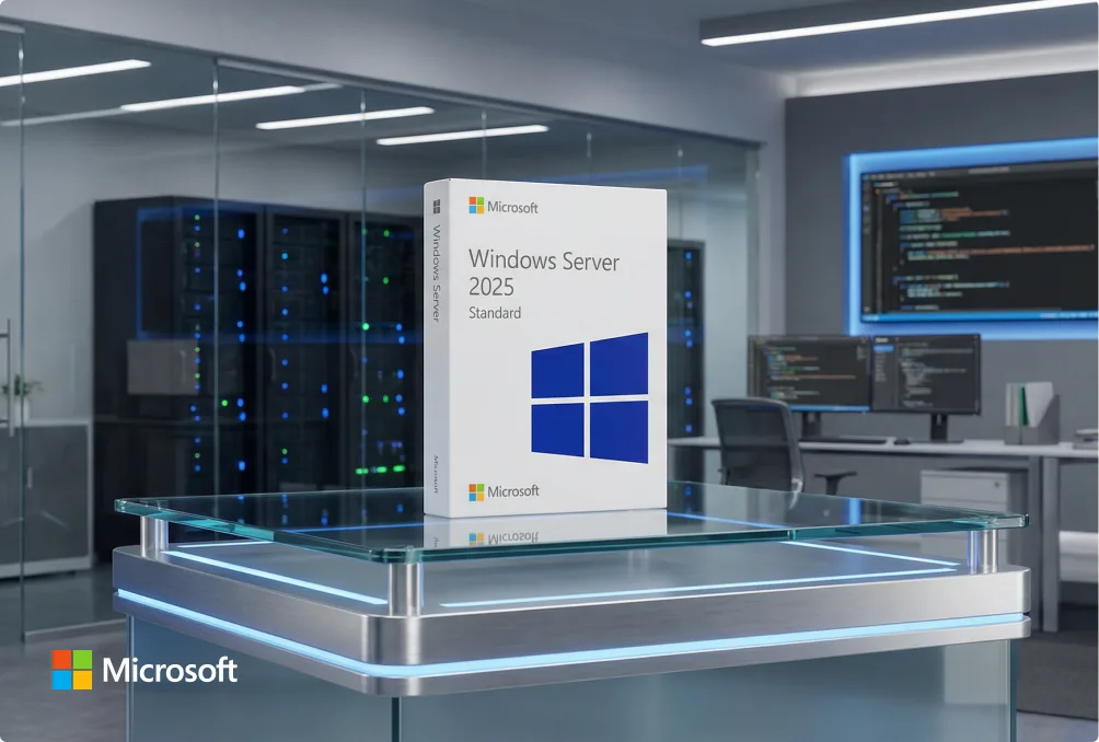 A boxed copy of Microsoft Windows Server 2025 Standard is displayed on a glass table in a modern server room with monitors, servers, and blue LED lighting. The Microsoft logo is visible in the lower left corner.