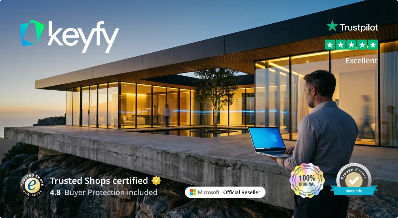 A person holding a laptop stands outside a modern glass building at sunset. Various trust badges, including Trustpilot, Trusted Shops, Microsoft Reseller, and seals of authenticity, are overlaid with the Keyfy logo.