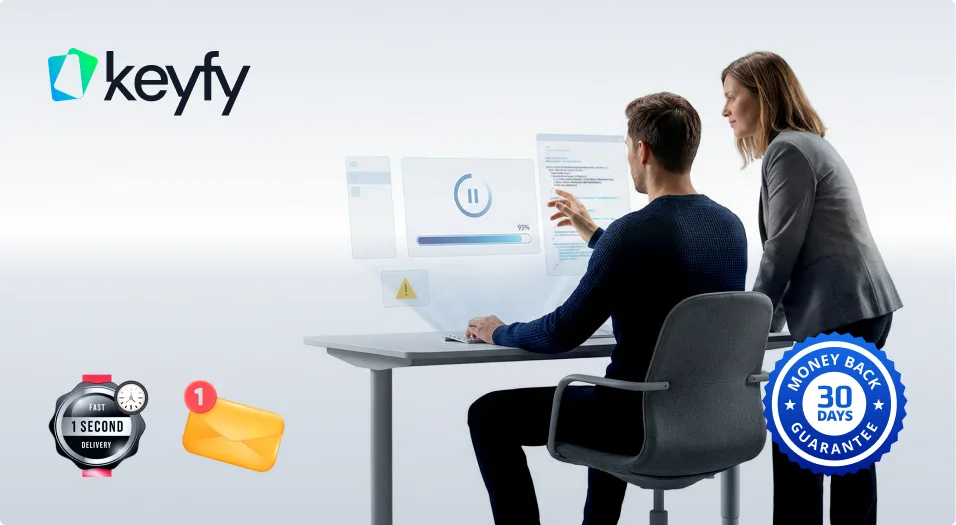 Two people interact with futuristic digital screens at a desk. The Keyfy logo is on the top left, while icons for fast delivery, an email notification, and a 30-day money-back guarantee badge appear on the right.