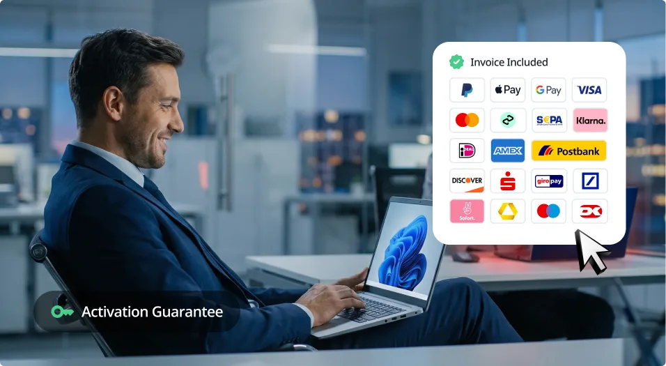 A smiling man in a suit uses a laptop displaying Windows 11. Nearby, icons for various payment methods and banks appear on screen, with a cursor pointing to them. Text reads “Activation Guarantee.”.