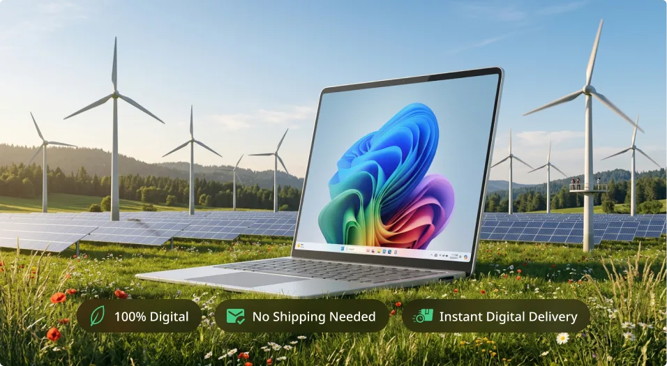 A laptop displaying a colorful screen sits on grass in front of wind turbines and solar panels. Three icons below read: 100% Digital, No Shipping Needed, and Instant Digital Delivery.