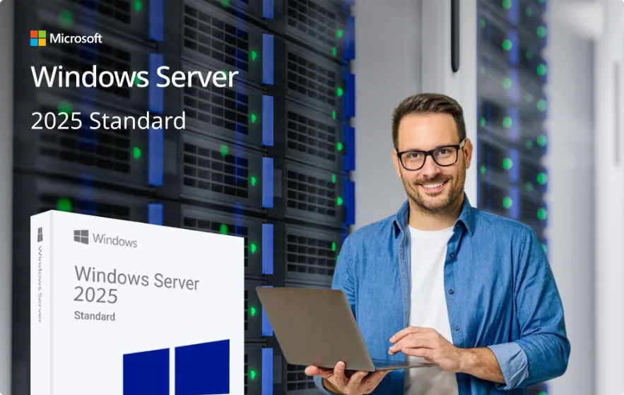 A man holding a laptop stands near server racks, smiling at the camera. In the foreground is a Windows Server 2025 Standard software box. The background displays the Microsoft and Windows Server 2025 Standard logos.