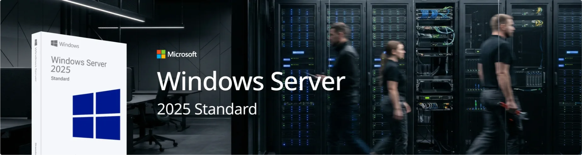 A Windows Server 2025 Standard box is on the left, with the Microsoft logo above Windows Server 2025 Standard text. On the right, blurred IT professionals walk through a data center with server racks.