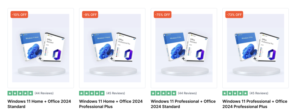 Four product cards showcase discounted bundles of Windows 11 and Office 2024, each with a different discount rate. Whether you’re looking to upgrade your workflow or choose between Office 2021 and Office 2024, each card displays product images, clear discount labels, and customer review ratings.