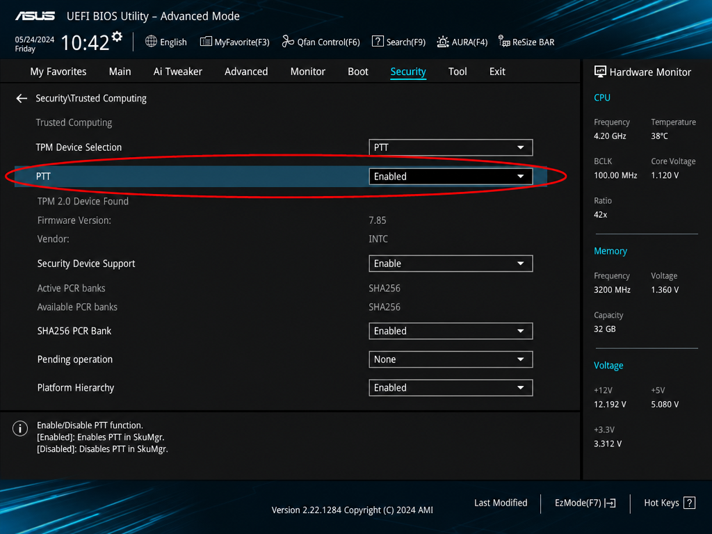 Screenshot of the ASUS UEFI BIOS Utility in Advanced Mode, with the Security tab open and the PTT option enabled and highlighted by a red oval. Various CPU and system settings are visible, demonstrating essential system requirements for Windows 11 PC compatibility.