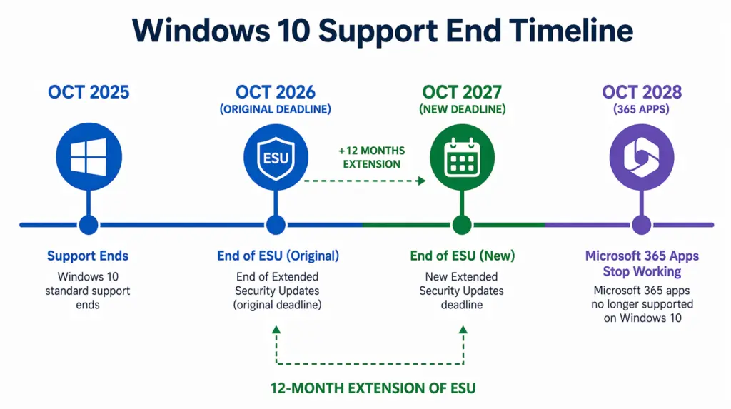 A timeline showing Windows 10 support ending Oct 2025, what happens next with Extended Security Updates ending Oct 2026, a 12-month ESU extension to Oct 2027 for your PC, and Microsoft 365 apps ending support in Oct 2028.