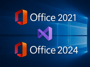 Przedstawiono logo pakietów Office 2021 i Office 2024, a pomiędzy nimi logo Visual Studio; całość umieszczono na tle systemu Windows, aby podkreślić przejście z pakietu Office 2021 na Office 2024.