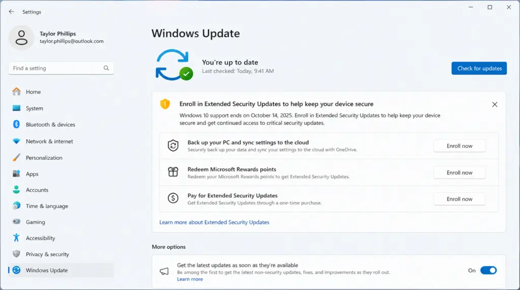 Windows Update settings window showing device is up to date on your Windows 10 PC. Three options—enroll in Extended Security Updates, back up your PC, redeem Microsoft Rewards points, and pay for Extended Security Updates—are listed. Left menu visible so you can easily navigate and see what happens when selecting each option.