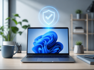 A laptop with a blue abstract wallpaper displays a glowing security shield icon above the screen, symbolizing cybersecurity and system check. The scene is set on a desk with plants, a mug, and shelves in the background, suggesting an environment where users might be verifying PC requirements or checking Windows 11 compatibility.