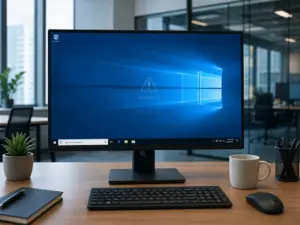 A desktop PC displays the Windows 10 home screen in an office setting. The desk has a keyboard, mouse, notebook, pen, plant, and a cup, with a glass-walled conference room visible in the background.