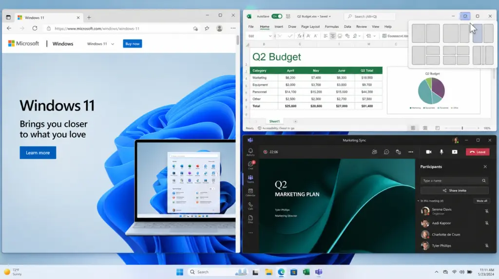 A Windows 11 desktop shows three open apps on a PC: a Microsoft Edge window, an Excel spreadsheet, and a Teams video call. The Snap Layouts feature is being used to arrange the windows on the screen, demonstrating what happens when compared to similar multitasking features in Windows 10.