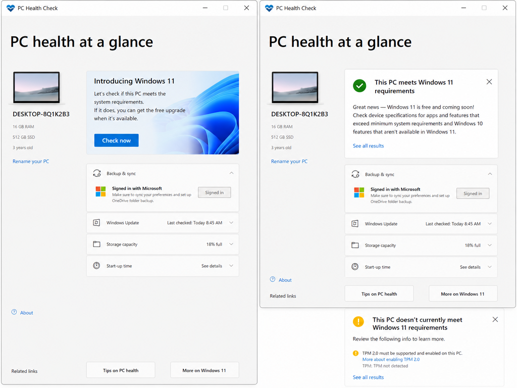 Two side-by-side PC Health Check windows: the left highlights a Windows 11 check, showing a PC introducing Windows 11 with an upgrade button; the right confirms Windows 11 compatibility for one PC with a green checkmark and indicates another does not meet the PC requirements with a yellow warning icon.