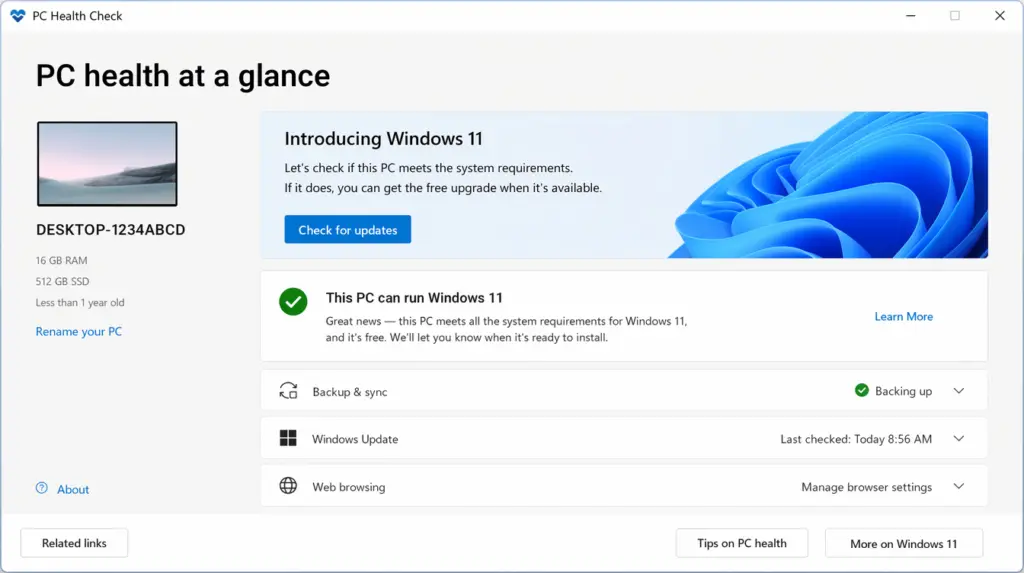 PC Health Check app window showing that the Windows 10 PC meets Windows 11 requirements, with system backup active, Windows Update and web browsing options listed, and a prompt to check for updates.