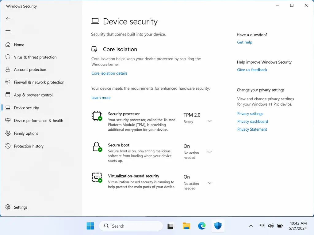 Windows Security “Device security” window showing features like Core isolation, Security processor (TPM 2.0), Secure boot, and Virtualization-based security, with toggles and status set to “On,” highlighting key differences in device protection between Windows 10 vs Windows 11.