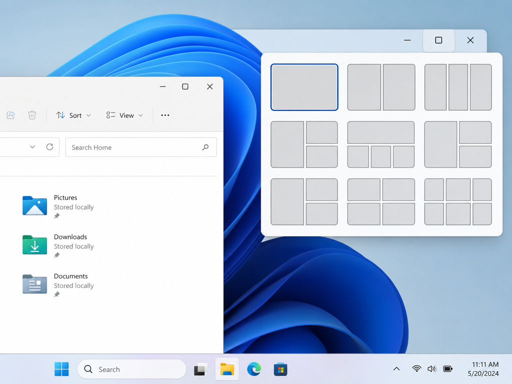 Windows 11 desktop showing the Snap layouts menu, file explorer window with Pictures, Downloads, Documents folders, and the taskbar with system icons and time 11:11 AM—highlighting one of the key visual differences in the Windows 10 vs Windows 11 experience.