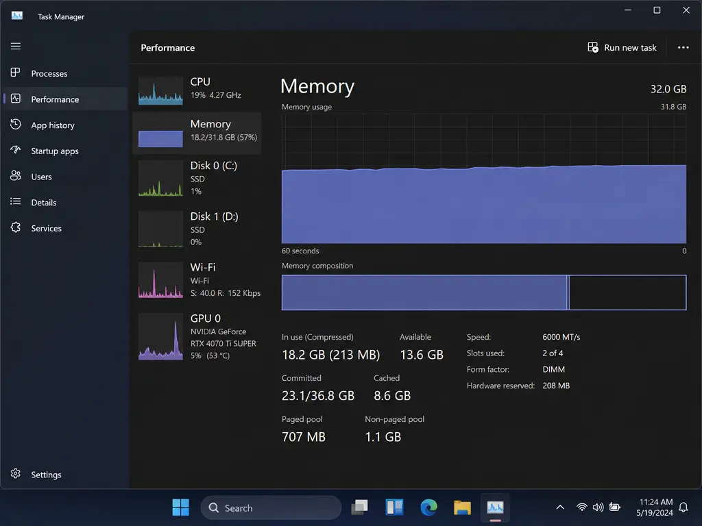 Windows Task Manager Memory tab showing memory usage graph, 18.2 GB used out of 32 GB, speed 6000 MHz. Side panel displays other performance stats like CPU, Disk, Wi-Fi, and GPU—offering a clear view of system resources whether you're comparing Windows 10 vs Windows 11 performance.