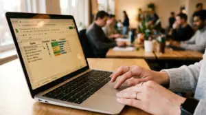 A person types on a laptop displaying a project management spreadsheet in a busy, modern office with several people working at desks in the background. The screen highlights steps from an Excel Checkbox Tutorial, showing how to count checkboxes in Excel for efficient task tracking.