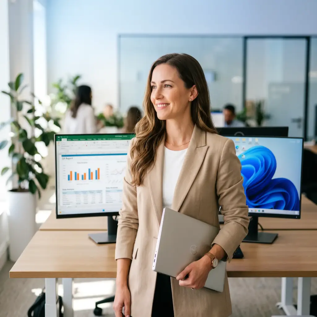 A woman in a tan blazer holds a laptop, smiling in a modern office with desks, computer monitors, and colleagues in the background.