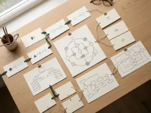 A wooden table with flowcharts and diagrams drawn on paper, some connected with string and clips, sits next to a mug of pencils and a pair of eyeglasses by a window—a scene reminiscent of mapping out tasks in Microsoft Project or arranging a Gantt Chart by hand.