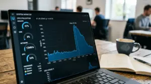 A laptop on a wooden table displays a system monitor with high CPU usage, highlighting processes like Windows Modules Installer Worker. In the background, people work at desks. A notebook and coffee cup sit beside the laptop, suggesting someone researching a fix for the issue.