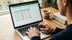 A person types on a laptop displaying a spreadsheet in Microsoft Excel, demonstrating how to multiply columns in Excel. A cup of coffee, notebooks, and a pen are on the wooden desk next to the laptop.