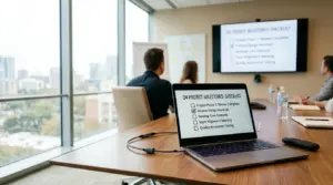 People in a conference room watch a screen displaying a project milestones checklist, expertly presented with checkboxes in PowerPoint. A laptop on the table shows the same checklist, created using steps from a PowerPoint tutorial. Large windows reveal a city view outside.