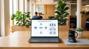 A laptop on a wooden desk displays a corporate network topology diagram created in Visio. Beside it are a black coffee mug, a mouse on a mousepad, and a small potted plant. The background shows a modern office with plants.