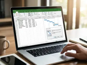 A person uses a laptop displaying Microsoft Project with a Gantt chart and task list. A pop-up window titled Gantt Chart Wizard appears on the screen, guiding the user through steps to make a Gantt Chart efficiently.