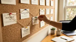A hand pins a note to a corkboard covered in project cards connected by string, illustrating clear task dependencies within a project workflow. A small plant and an open notebook are on the desk below, highlighting an organized approach to project management.